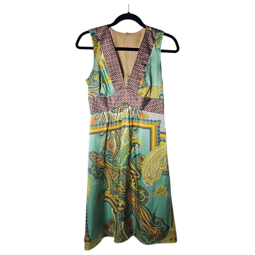 VTG S 100% Silk Babydoll Dress Midi Sleeveless Paisley Print Made‎ USA Y2K Fairy